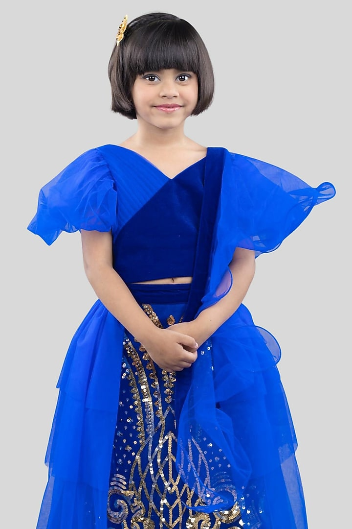Royal Blue Net Embroidered Layered Lehenga Set For Girls by Pink Cow at Pernia's Pop Up Shop