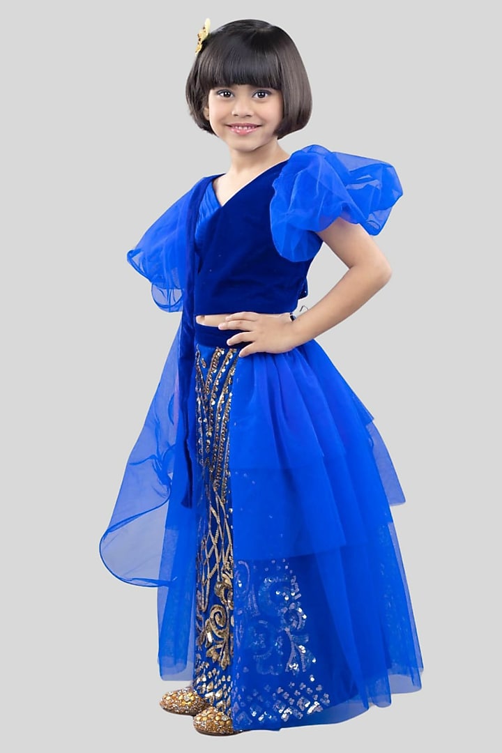 Royal Blue Net Embroidered Layered Lehenga Set For Girls by Pink Cow at Pernia's Pop Up Shop