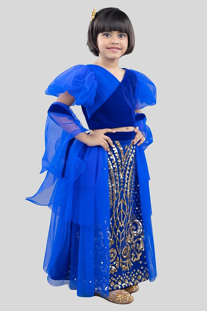 Royal Blue Net Embroidered Layered Lehenga Set For Girls by Pink Cow at Pernia's Pop Up Shop