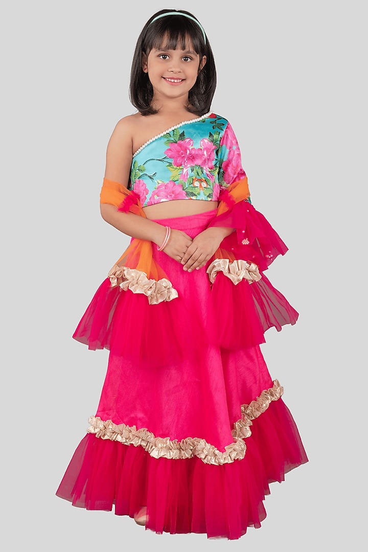 Pink Tulle & Silk Crepe Lehenga Set For Girls by Pink Cow at Pernia's Pop Up Shop