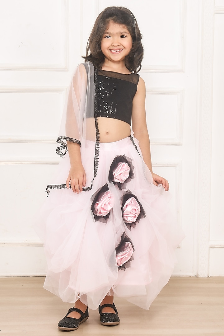 Baby Pink Tulle Floral Embellished Draped Lehenga Set For Girls by Pink Cow at Pernia's Pop Up Shop