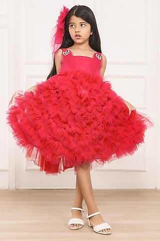 Hot Pink Tulle Crystal & Pearl Embellished Asymmetric Frilled Pleated Dress by Pink Cow