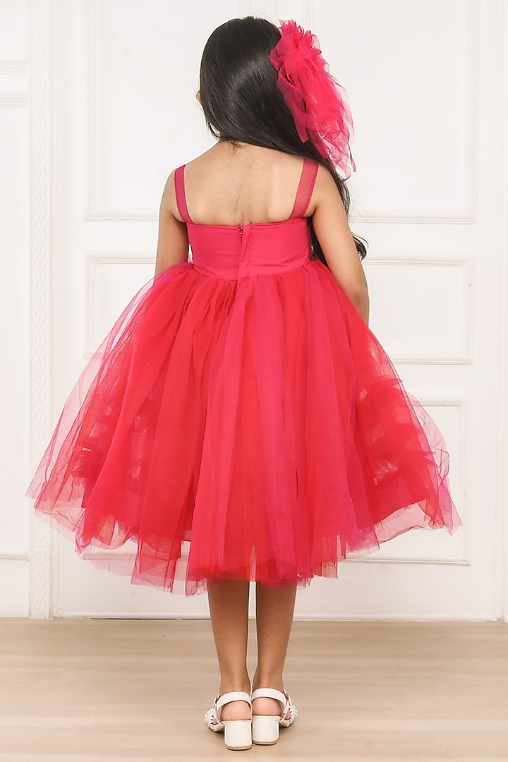 Hot Pink Tulle Crystal & Pearl Embellished Asymmetric Frilled Pleated Dress by Pink Cow at Pernia's Pop Up Shop