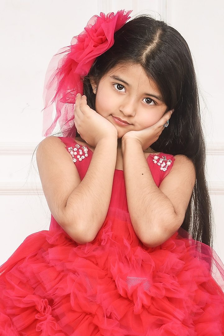 Hot Pink Tulle Crystal & Pearl Embellished Asymmetric Frilled Pleated Dress by Pink Cow at Pernia's Pop Up Shop