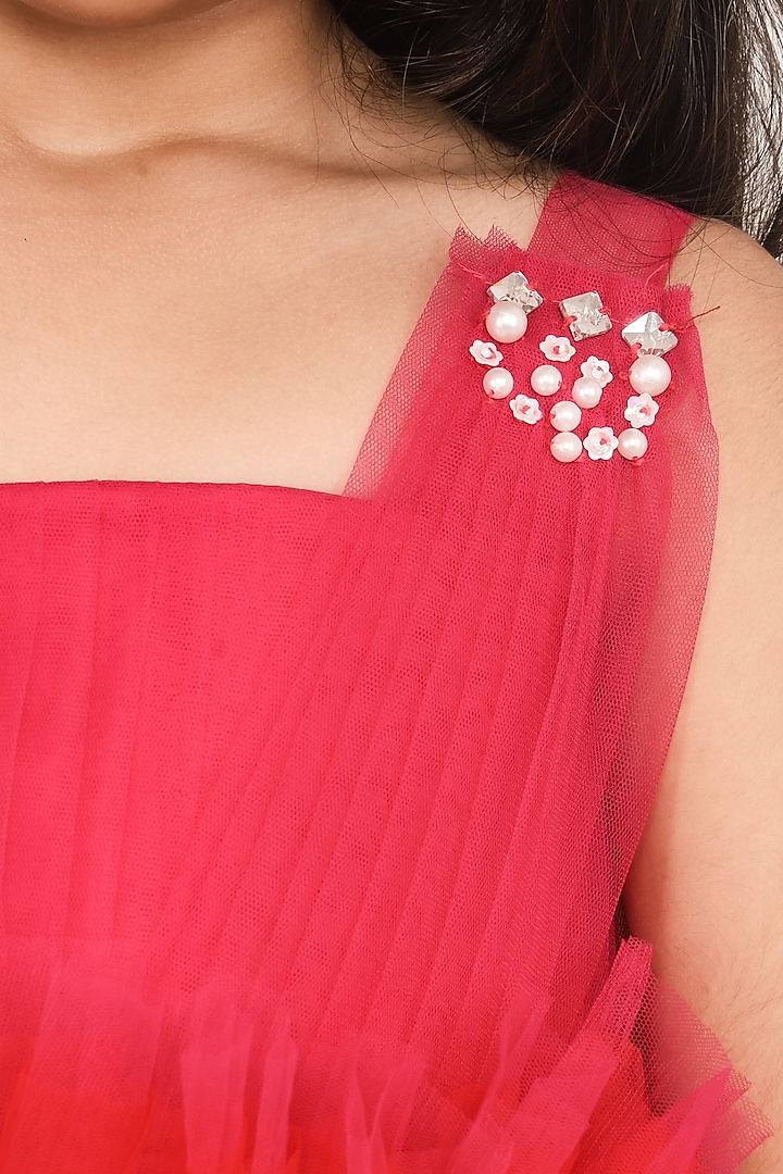 Hot Pink Tulle Crystal & Pearl Embellished Asymmetric Frilled Pleated Dress by Pink Cow at Pernia's Pop Up Shop