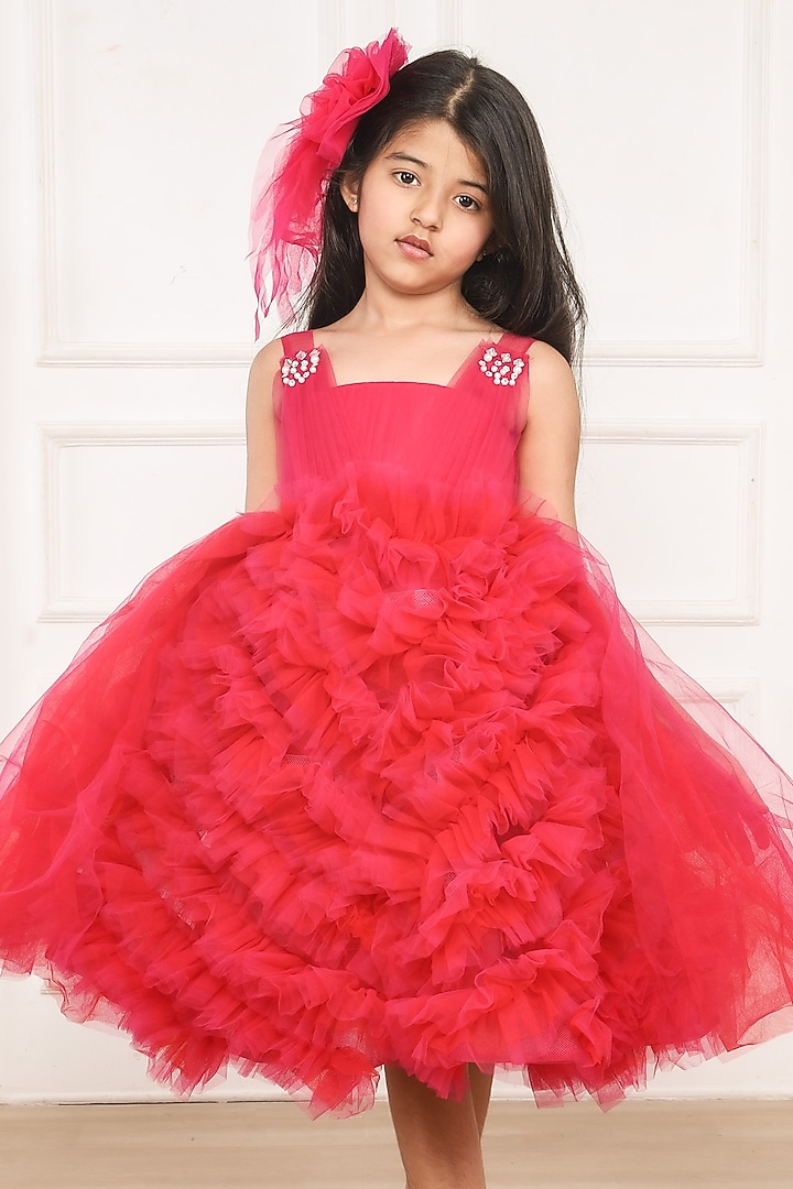 Hot Pink Tulle Crystal & Pearl Embellished Asymmetric Frilled Pleated Dress by Pink Cow at Pernia's Pop Up Shop