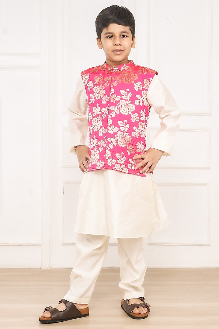 Pink Brocade Nehru Jacket Set For Boys by Pink Cow