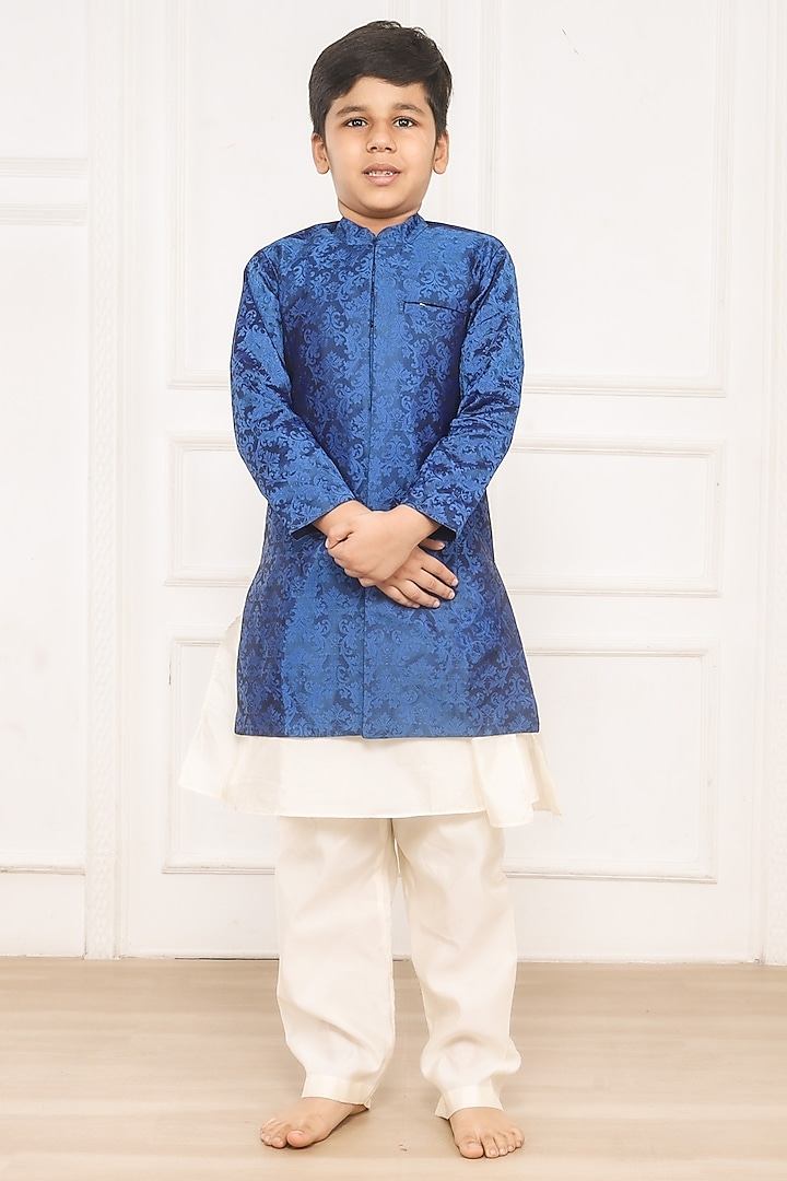 Blue Brocade Nehru Jacket Set For Boys by Pink Cow