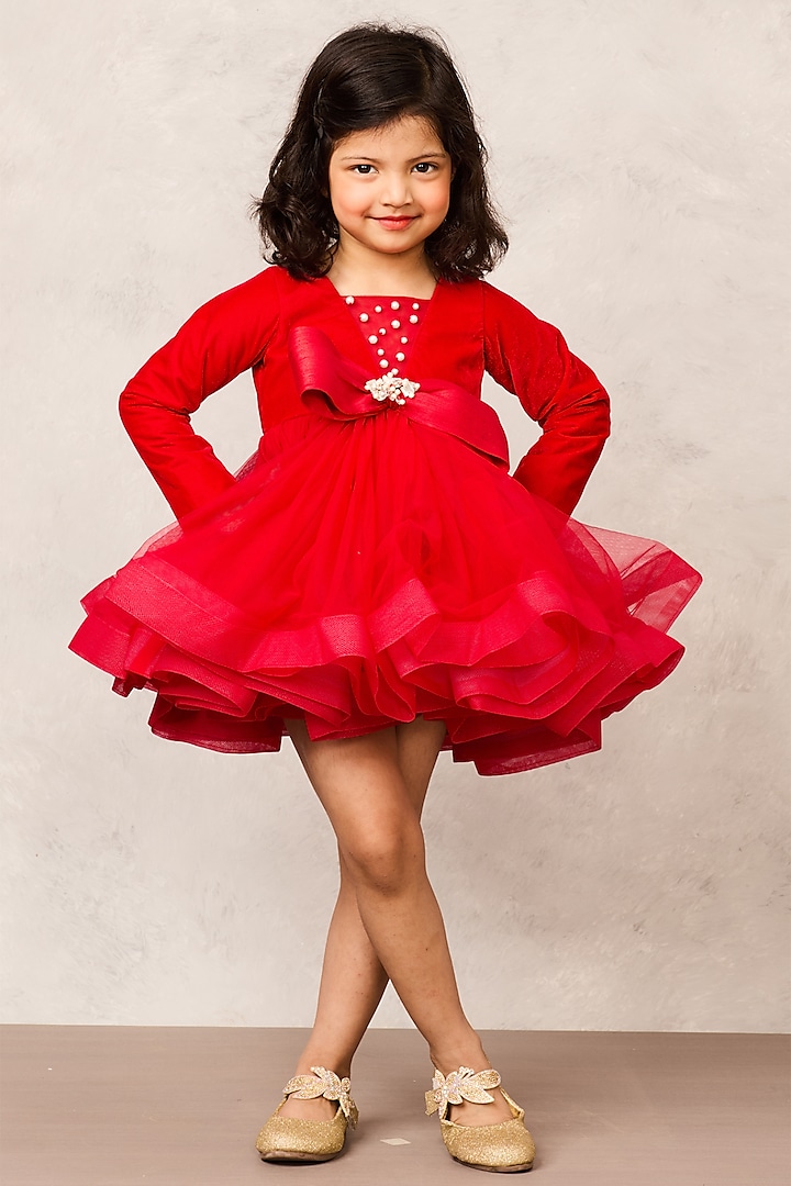 Red Velvet Bow Embellished Dress For Girls by Pink Cow at Pernia's Pop Up Shop