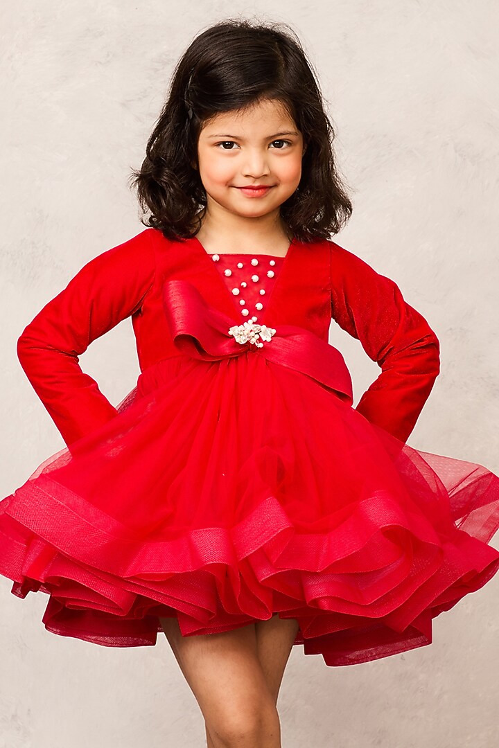 Red Velvet Bow Embellished Dress For Girls by Pink Cow at Pernia's Pop Up Shop