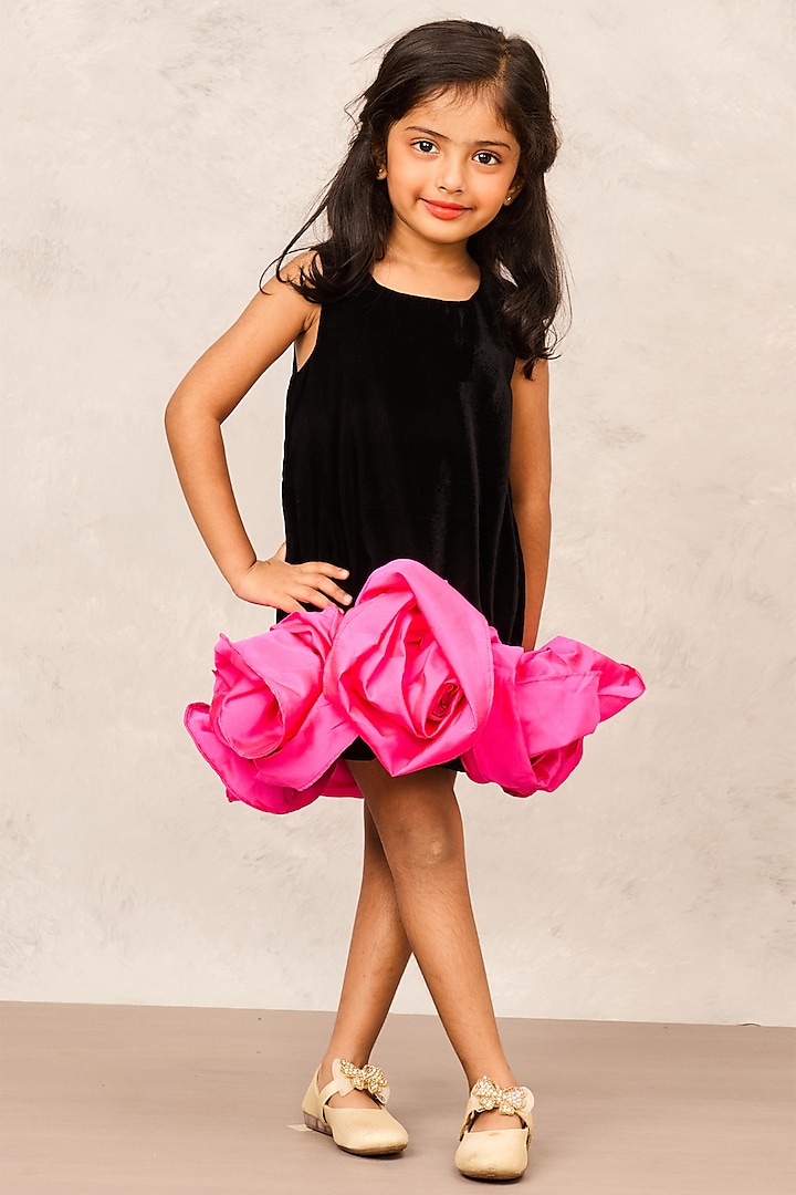 Black Velvet & Taffeta Floral Embellished A-Line Dress For Girls by Pink Cow at Pernia's Pop Up Shop