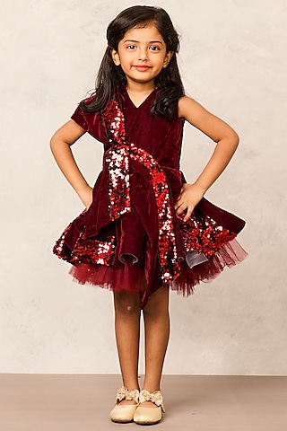 Maroon Velvet & Net Sequin Embellished Dress For Girls by Pink Cow