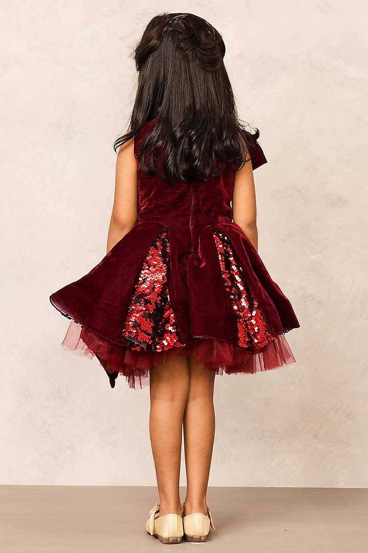 Maroon Velvet & Net Sequin Embellished Dress For Girls by Pink Cow at Pernia's Pop Up Shop