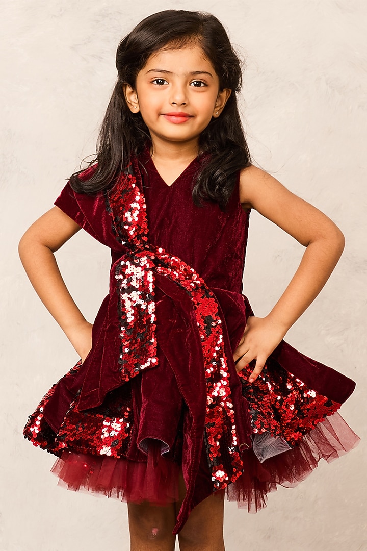 Maroon Velvet & Net Sequin Embellished Dress For Girls by Pink Cow at Pernia's Pop Up Shop