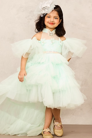 Aqua Blue Net Embellished High-Low Gown For Girls by Pink Cow