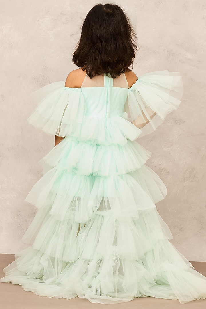 Aqua Blue Net Embellished High-Low Gown For Girls by Pink Cow at Pernia's Pop Up Shop