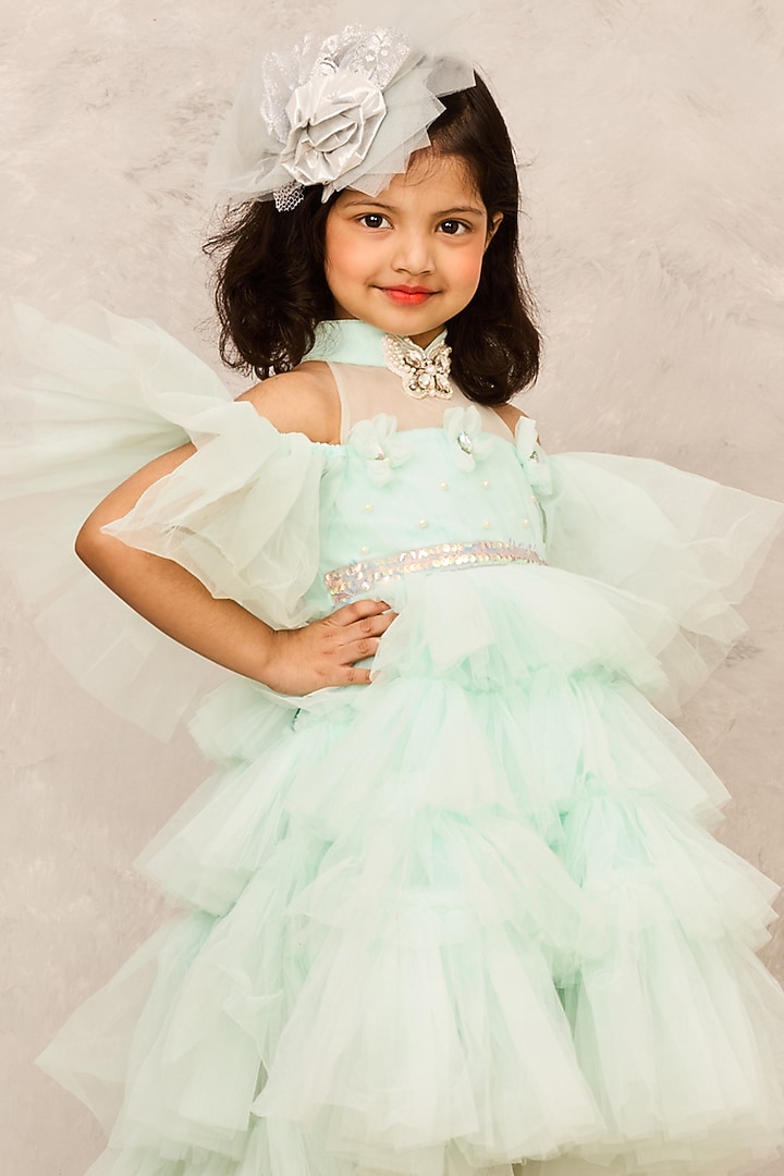 Aqua Blue Net Embellished High-Low Gown For Girls by Pink Cow at Pernia's Pop Up Shop