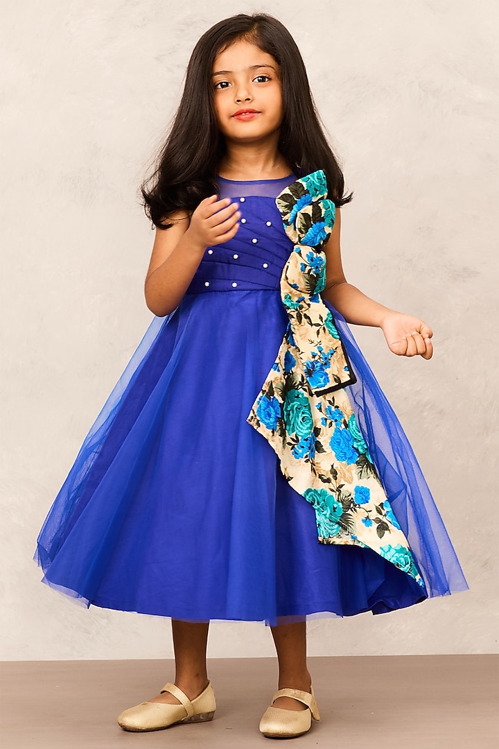 Royal Blue Net & Santon Printed Gown For Girls by Pink Cow at Pernia's Pop Up Shop