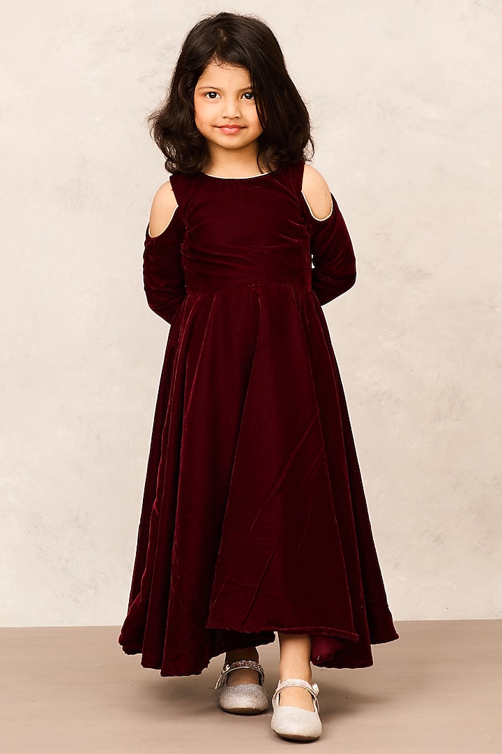 Maroon Velvet & Lame Gown For Girls by Pink Cow at Pernia's Pop Up Shop