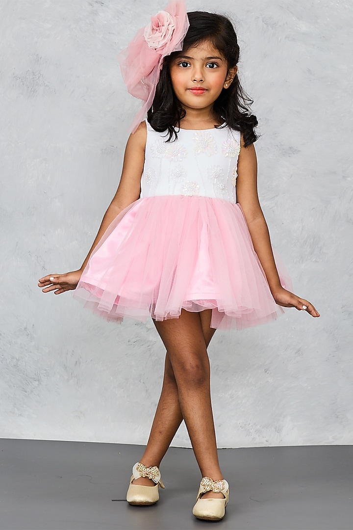 Pink & Peach Net Hand Embroidered Dress For Girls by Pink Cow at Pernia's Pop Up Shop