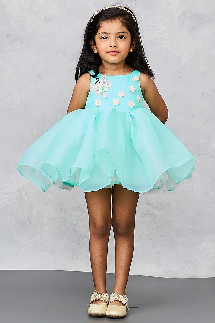 Blue Organza Floral Embellished Dress For Girls by Pink Cow at Pernia's Pop Up Shop