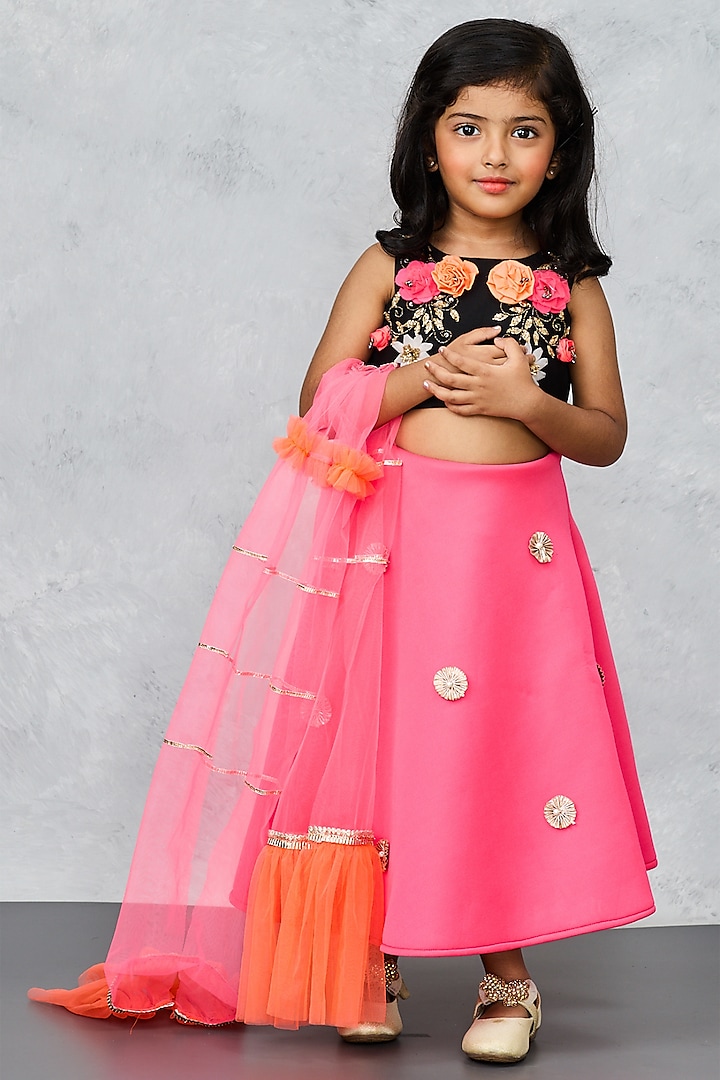 Pink Scuba & Net Hand Embroidered Lehenga Set For Girls by Pink Cow at Pernia's Pop Up Shop