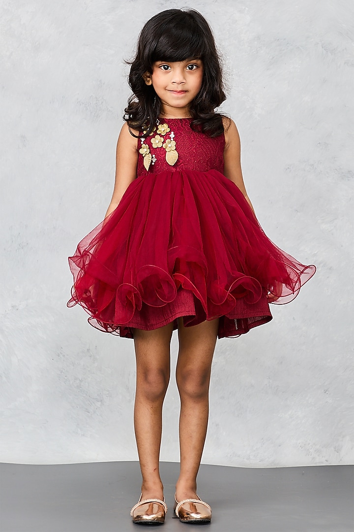 Maroon Net & Lace Floral Embellished Dress For Girls by Pink Cow at Pernia's Pop Up Shop