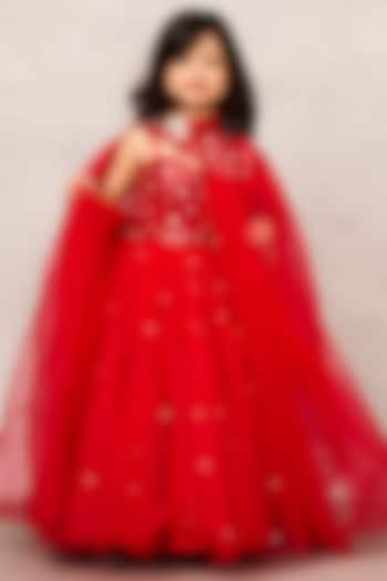 Red Net Sequin & Crystal Embellished Gown For Girls by Pink Cow at Pernia's Pop Up Shop