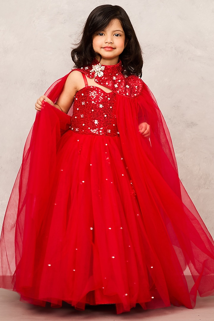 Red Net Sequin & Crystal Embellished Gown For Girls by Pink Cow at Pernia's Pop Up Shop