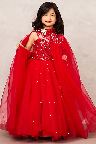 Red Net Sequin & Crystal Embellished Gown For Girls by Pink Cow