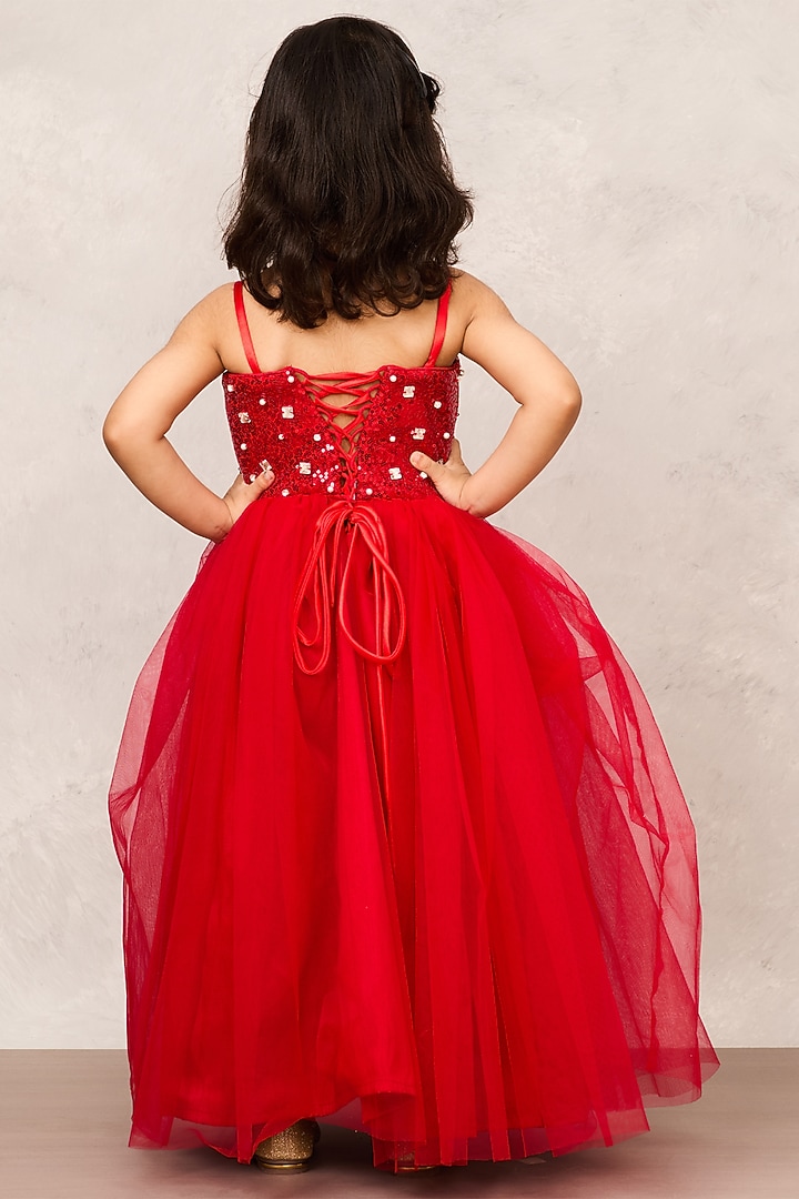 Red Net Sequin & Crystal Embellished Gown For Girls by Pink Cow at Pernia's Pop Up Shop