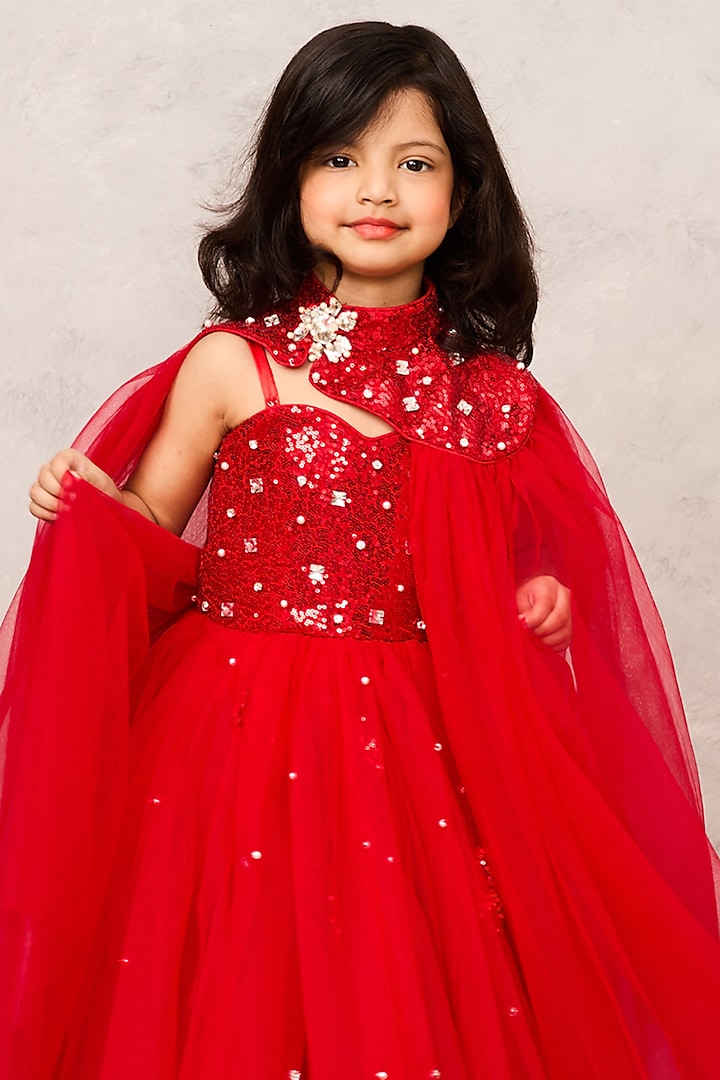 Red Net Sequin & Crystal Embellished Gown For Girls by Pink Cow at Pernia's Pop Up Shop