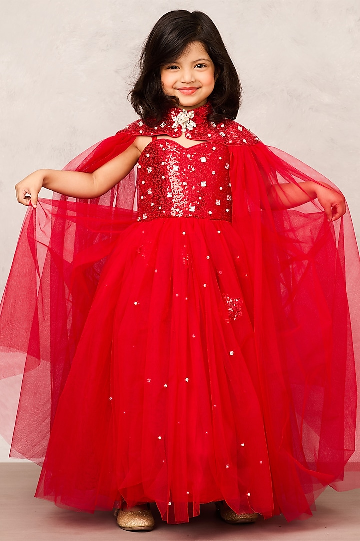 Red Net Sequin & Crystal Embellished Gown For Girls by Pink Cow at Pernia's Pop Up Shop