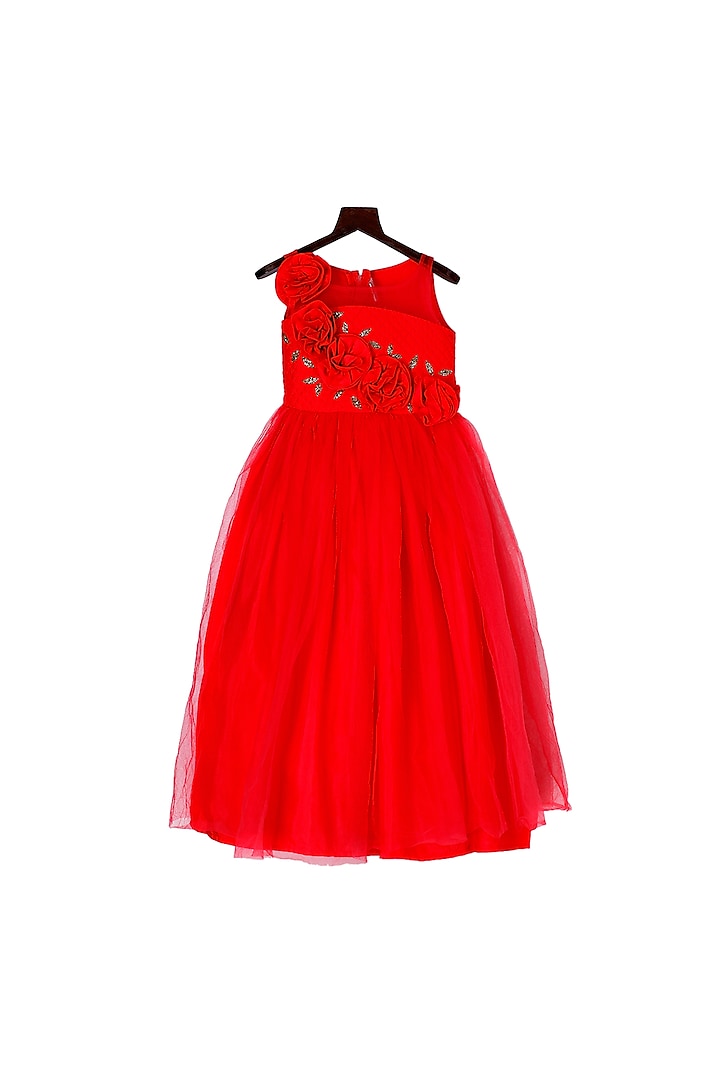 Red Floral Embroidered Gown For Girls by Pink Cow