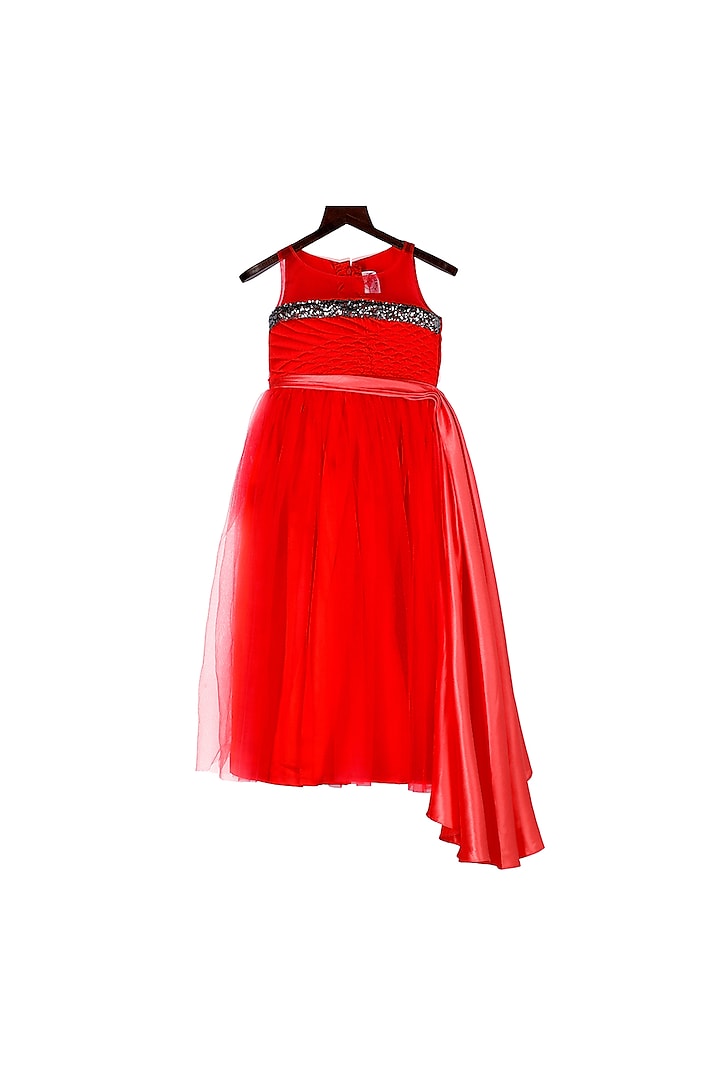 Red Quilted & Sequins Gown For Girls by Pink Cow