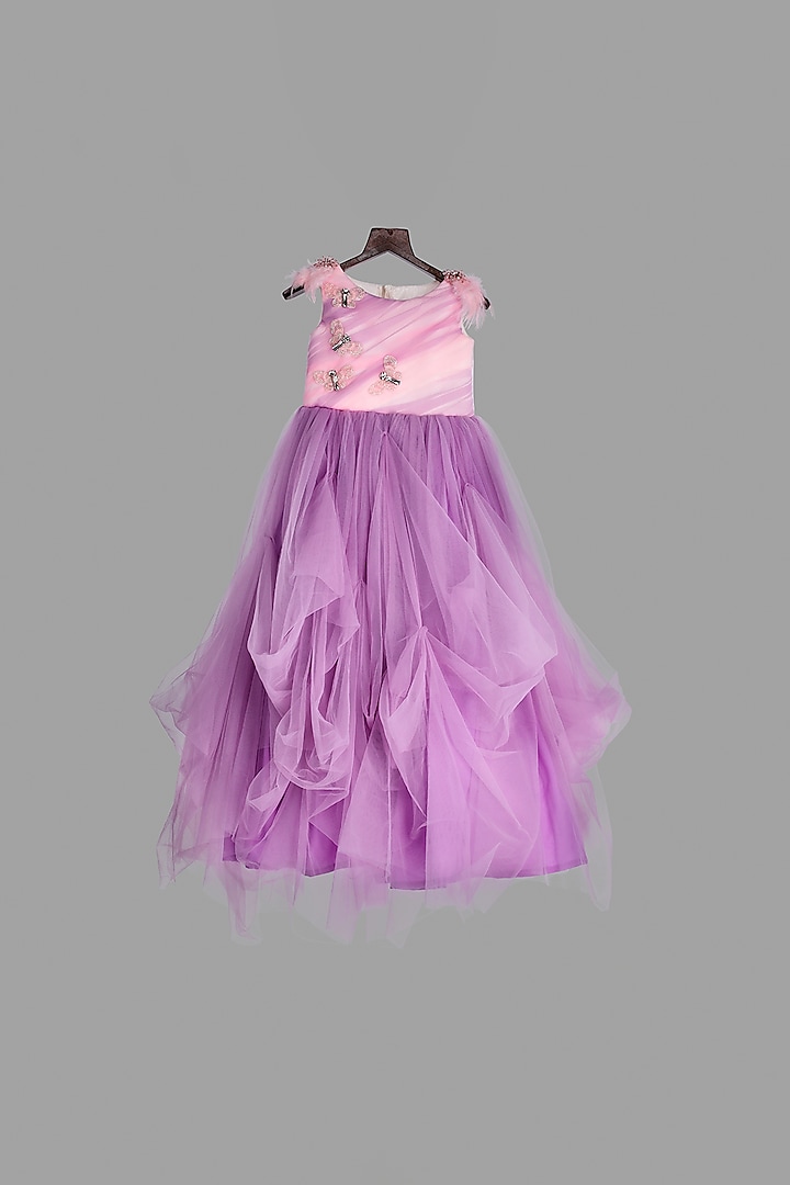 Lilac Embellished Pleated Gown For Girls by Pink Cow