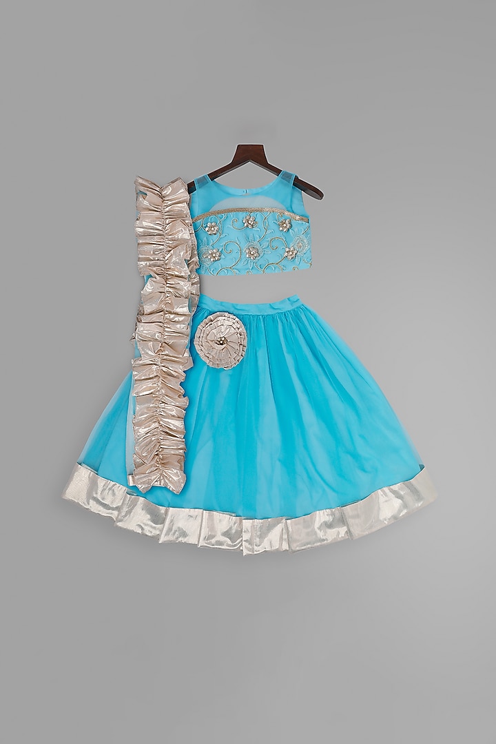 Blue Embroidered Lehenga Set For Girls by Pink Cow