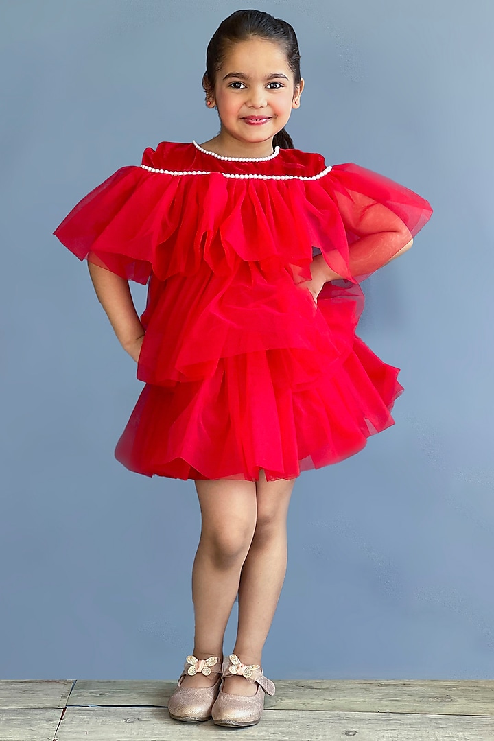 Red Net & Crepe Embellished Dress For Girls by Pink Cow