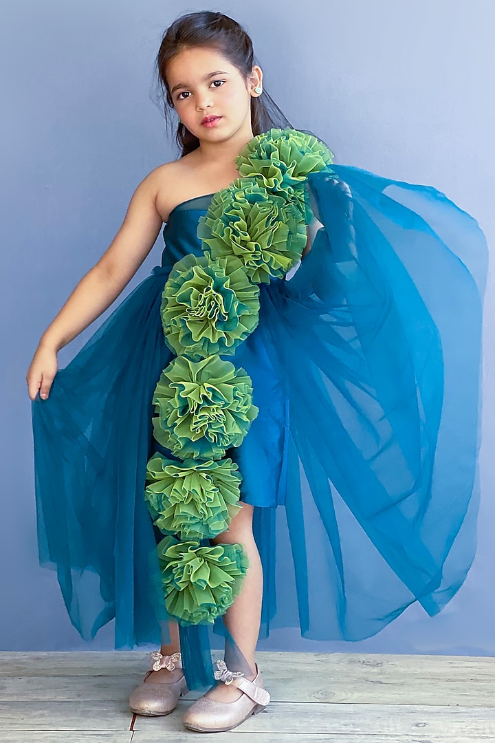 Marine Blue Net & Taffeta Embellished Gown For Girls by Pink Cow at Pernia's Pop Up Shop