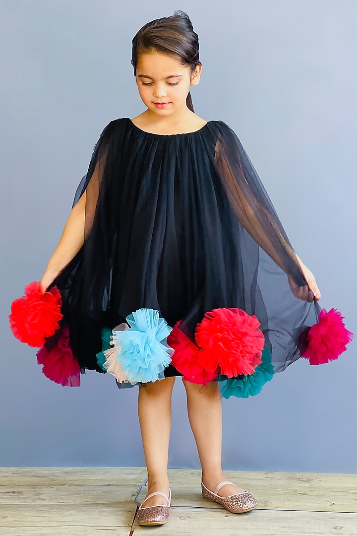 Black Neoprene & Tulle Pompom Dress For Girls by Pink Cow