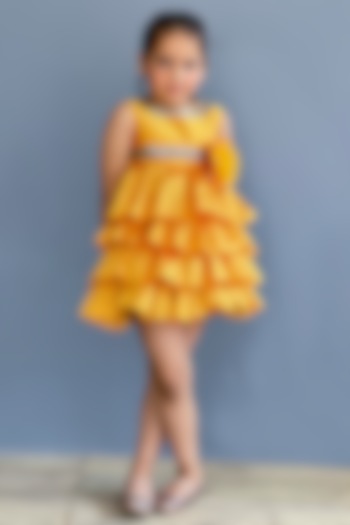Yellow Silk & Taffeta Embellished Layered Dress For Girls by Pink Cow