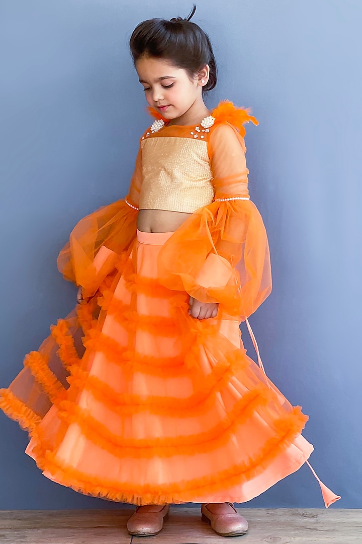 Orange Net Frilled Lehenga Set For Girls by Pink Cow at Pernia's Pop Up Shop