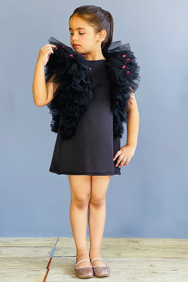 Black Neoprene & Net Frilled Dress For Girls by Pink Cow