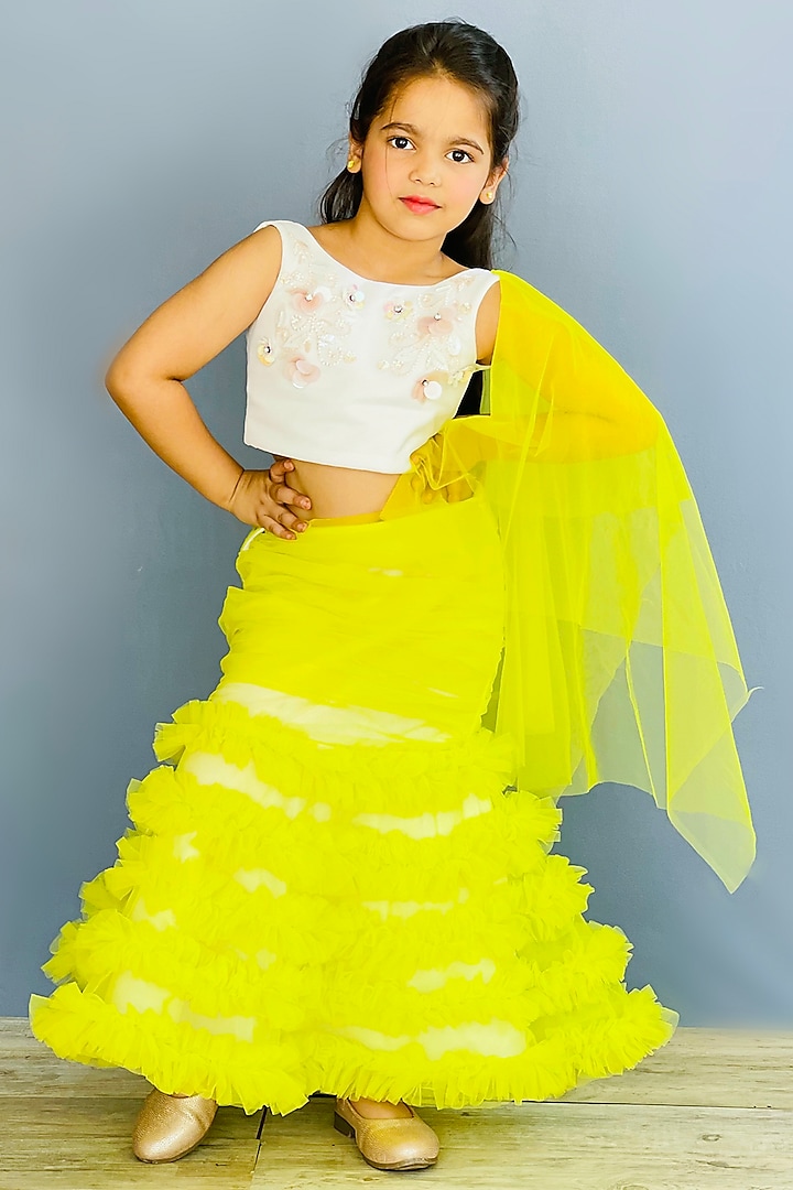 Green Scuba & Net Mermaid Lehenga Set For Girls by Pink Cow at Pernia's Pop Up Shop