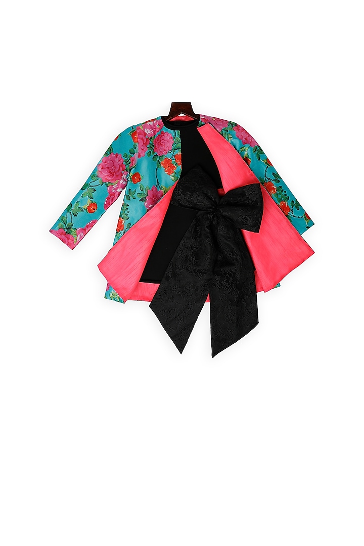 Black Printed Jacket With Top For Girls by Pink Cow
