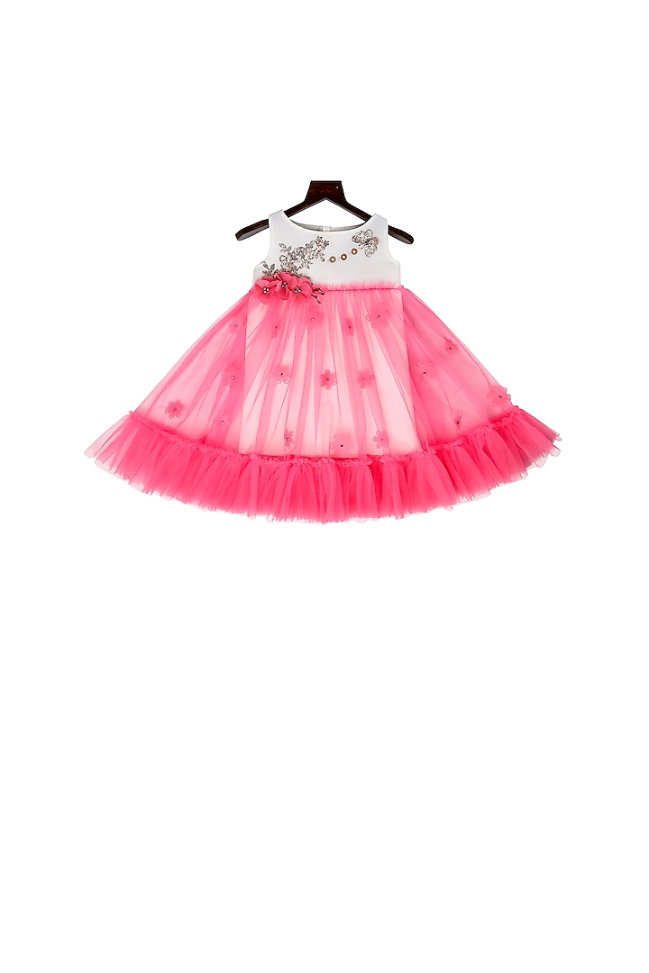 White & Pink Embellished Frock For Girls by Pink Cow