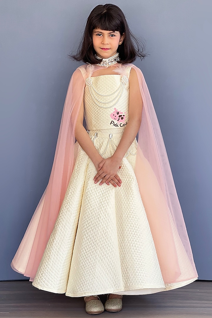Peach & Cream Tulle Silk Cotton Embellished Lehenga Set For Girls by Pink Cow