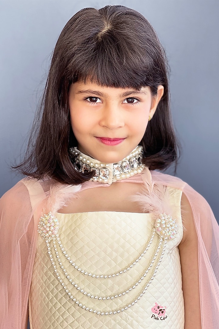 Peach & Cream Tulle Silk Cotton Embellished Lehenga Set For Girls by Pink Cow at Pernia's Pop Up Shop