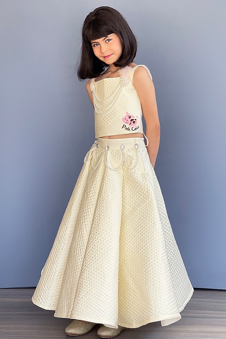 Peach & Cream Tulle Silk Cotton Embellished Lehenga Set For Girls by Pink Cow at Pernia's Pop Up Shop