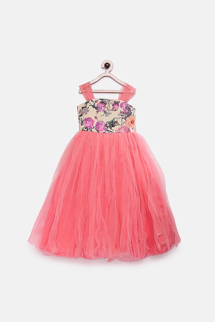 Peach Printed Net Gown For Girls by Pink Cow